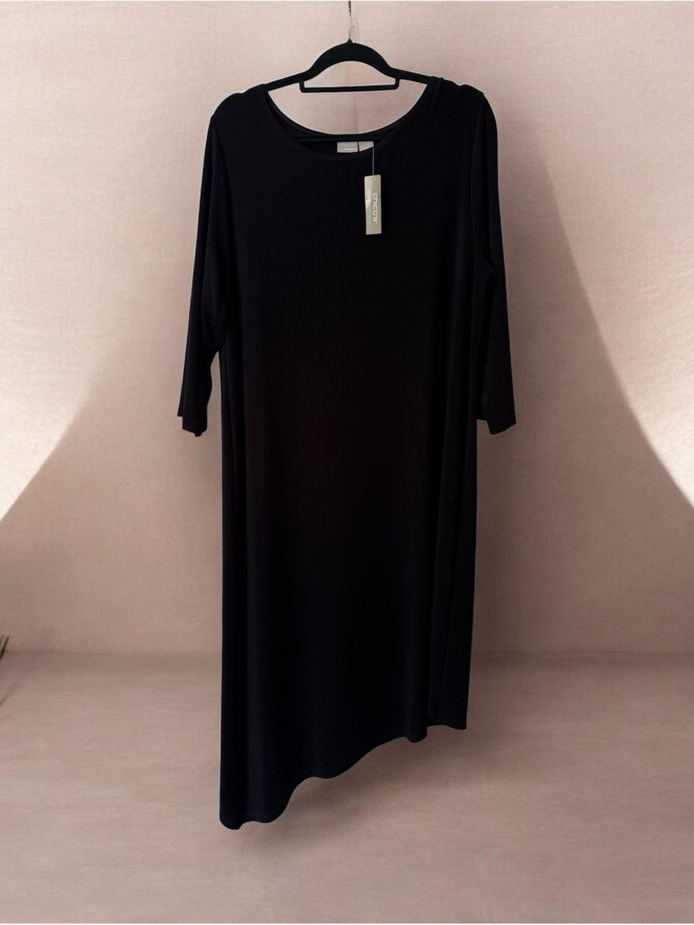 NWT Chicos Travelers Maxi Dress Black 3/4 Sleeve Asymmetrical Hem Sz 3 16 18 XL